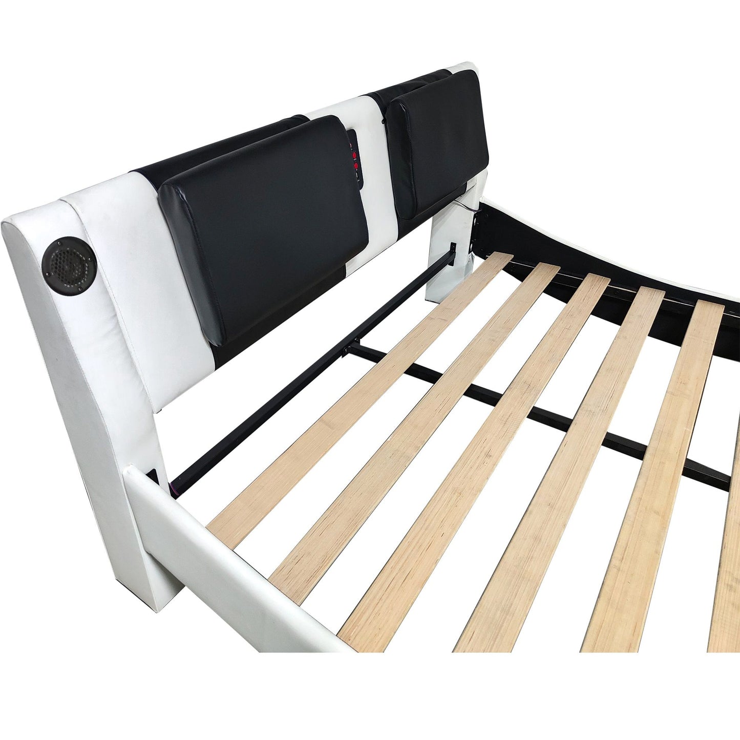 Upholstered Platform Bed Frame With LED Lighting, Bluetooth Connection To Play Music Control, Backrest Vibration Massage, Curve Design, Wood Slat Support, Exhibited Speakers - The Sleep Loft - Online Mattress Showroom NYC