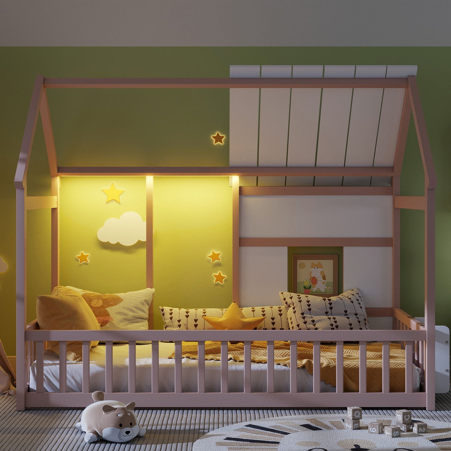 House Floor Bed With 7 Color LED Light, Built In Bookshelf - The Sleep Loft - Online Mattress Showroom NYC