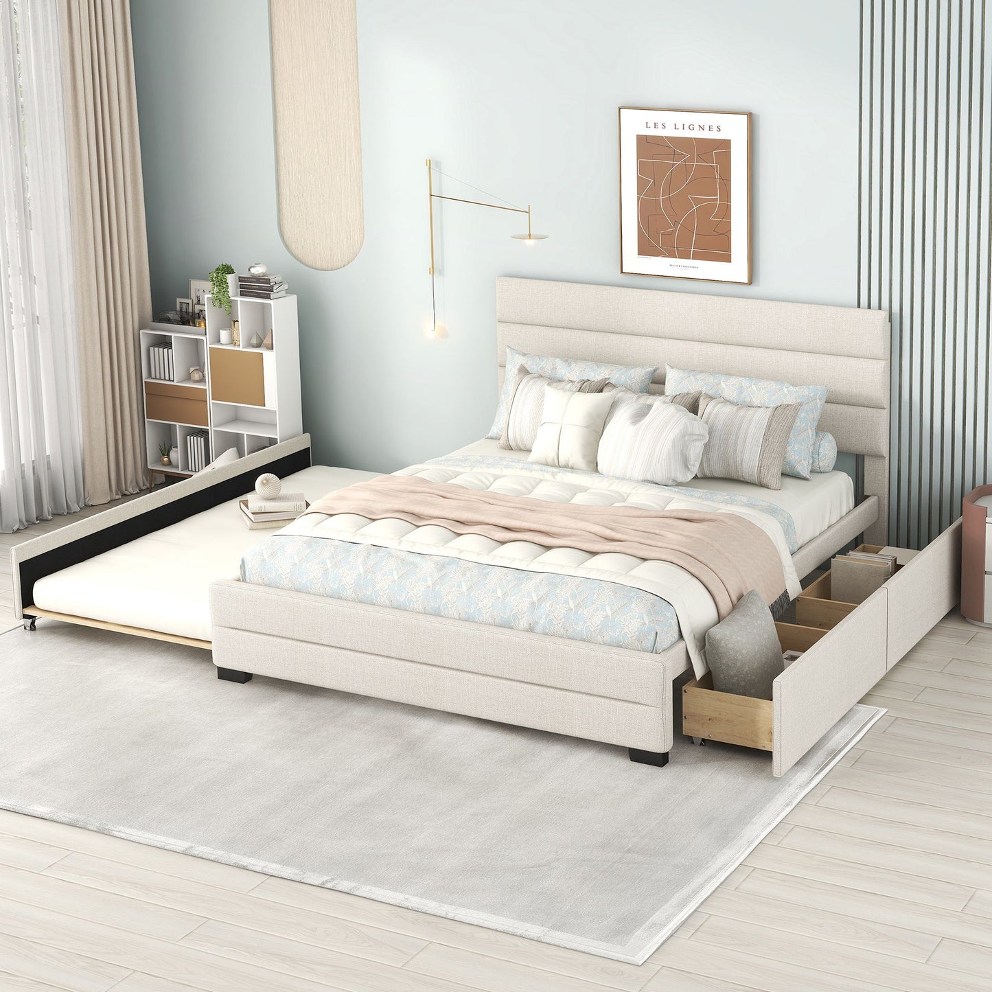 Queen Platform Bed With Twin Trundle And 2 Storage Drawers - Beige - The Sleep Loft - Online Mattress Showroom NYC