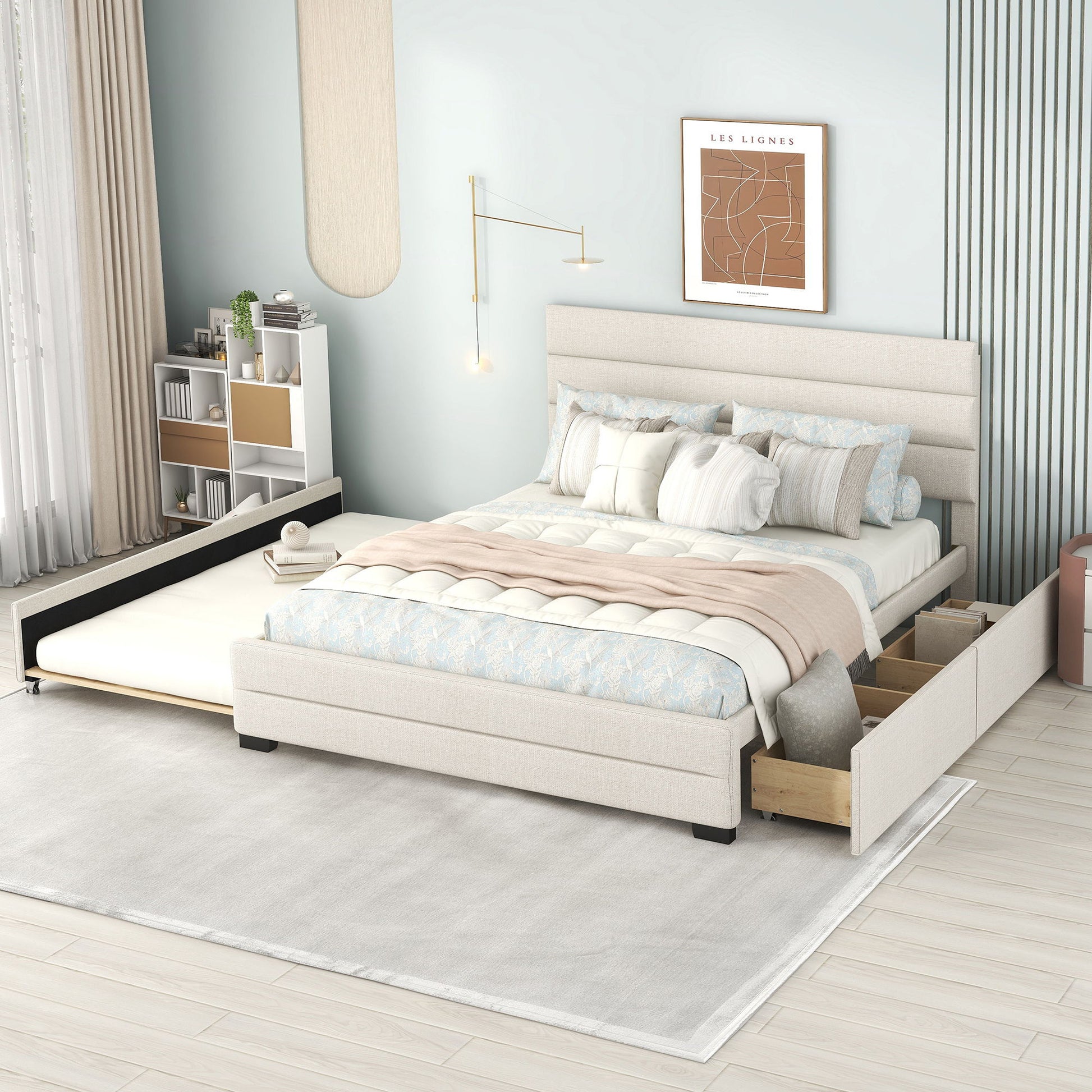 Queen Platform Bed With Twin Trundle And 2 Storage Drawers - Beige - The Sleep Loft - Online Mattress Showroom NYC