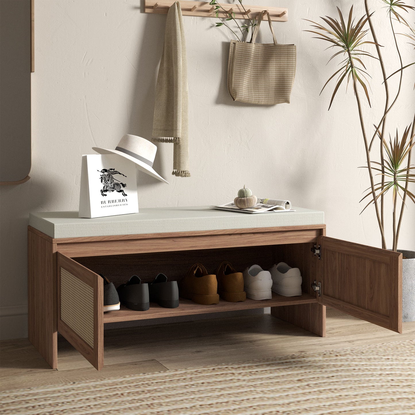 Storage Bench With Cushion, Shoe Cabinet With 2 Doors - Antique Natural / Rattan - The Sleep Loft - Online Mattress Showroom NYC
