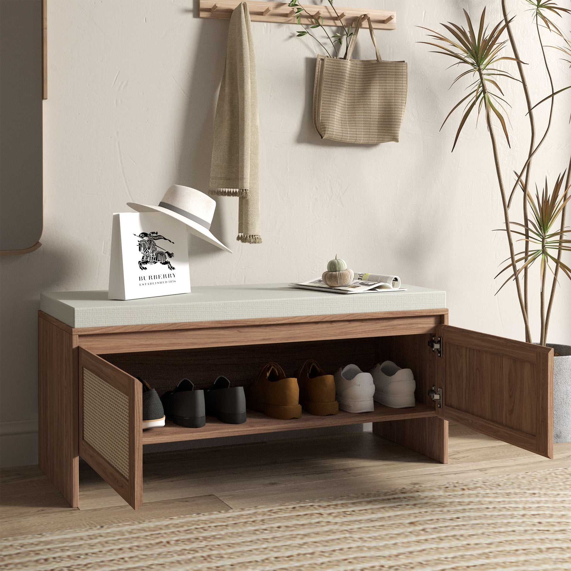 Storage Bench With Cushion, Shoe Cabinet With 2 Doors - Antique Natural / Rattan - The Sleep Loft - Online Mattress Showroom NYC