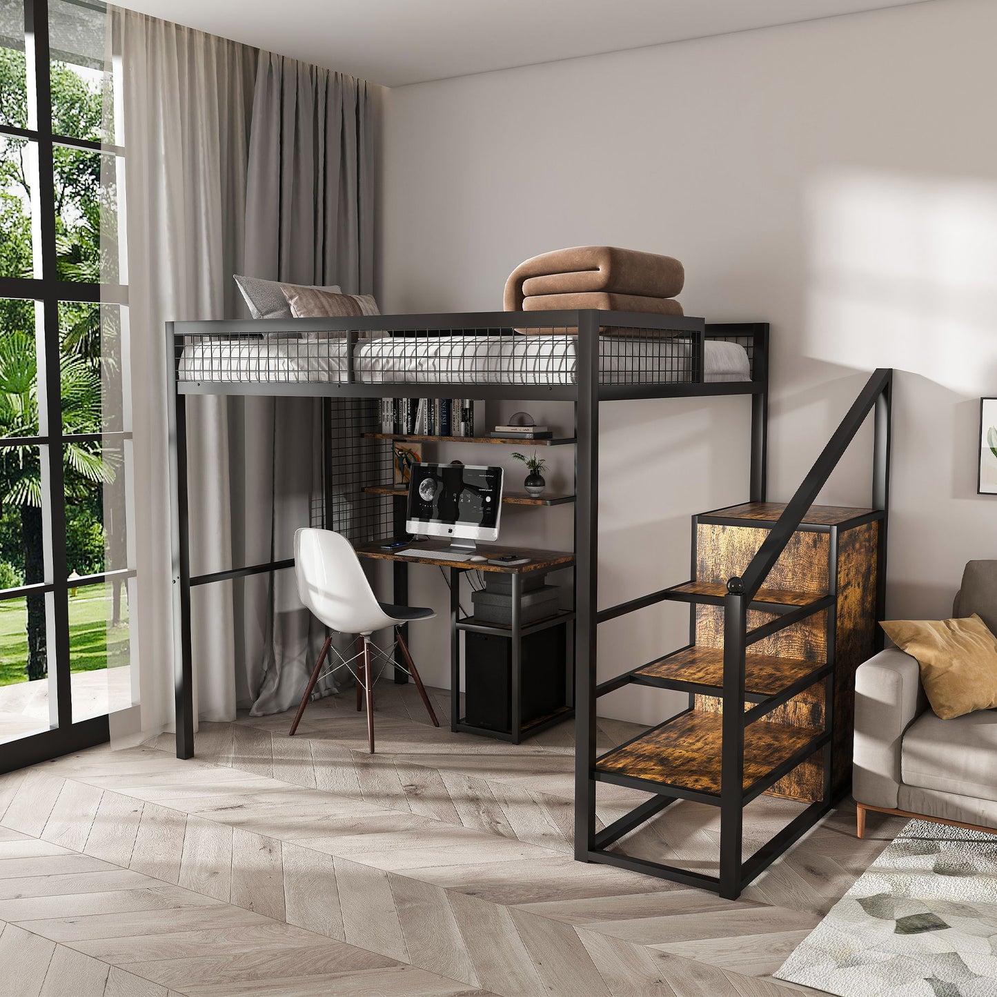 Full Size Loft Bed With Desk & Wardrobe Heavy Frame, Built In Staircase, Storage Rack & Shelves Gaming Bed - Black - The Sleep Loft - Online Mattress Showroom NYC