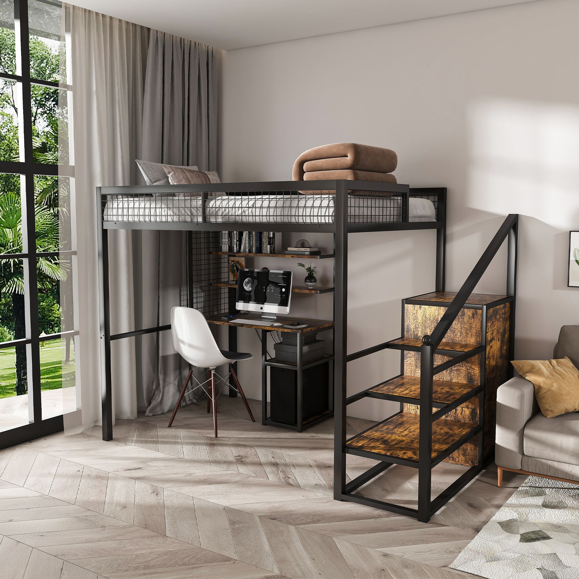 Full Size Loft Bed With Desk & Wardrobe Heavy Frame, Built In Staircase, Storage Rack & Shelves Gaming Bed - Black - The Sleep Loft - Online Mattress Showroom NYC