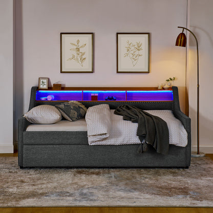 Upholstered Sofa Bed With LED Lights, Storage Headboard, Foldable Trundle & Wireless Charging - The Sleep Loft - Online Mattress Showroom NYC