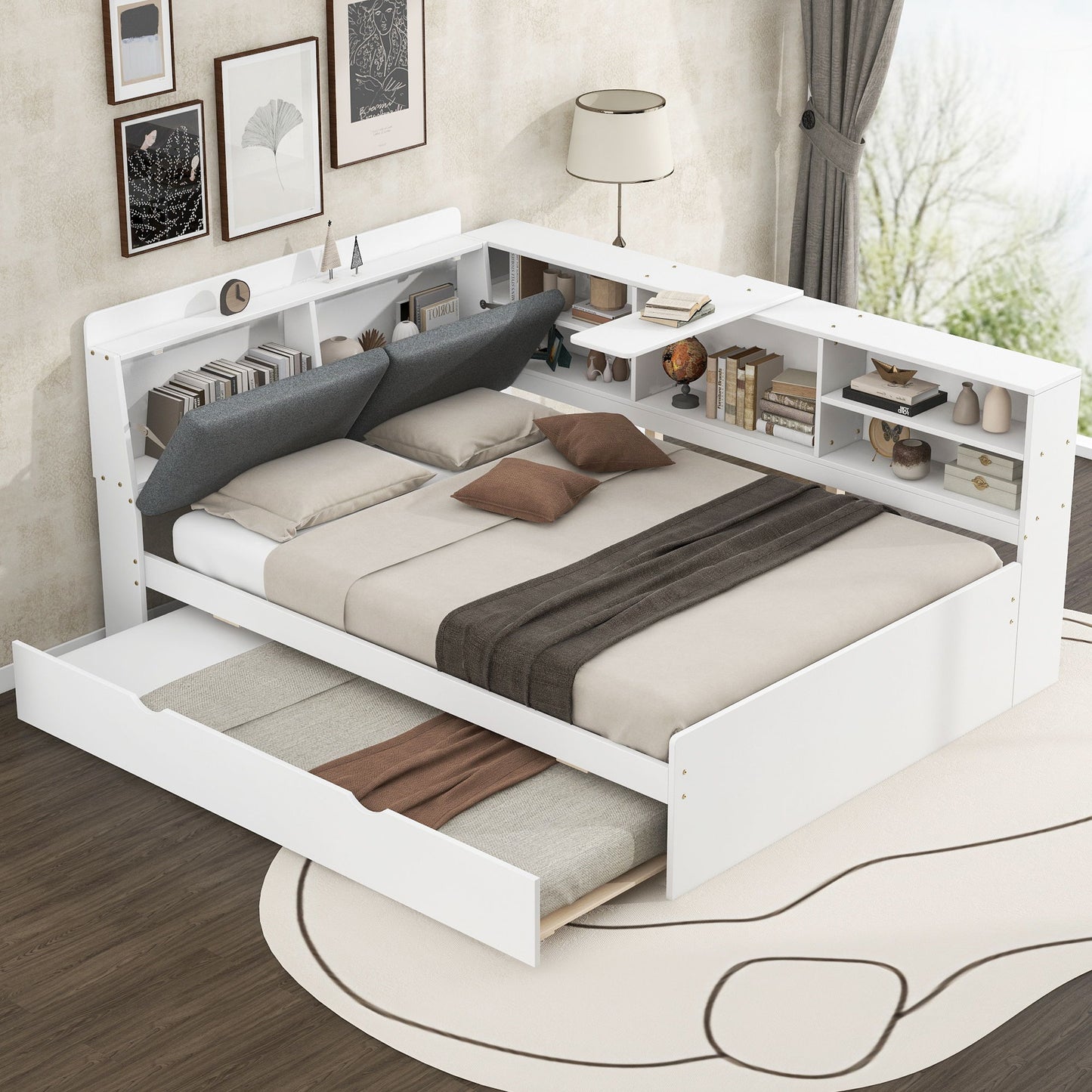 Platform Bed With Trundle, Shelves, And Storage Headboard - The Sleep Loft - Online Mattress Showroom NYC
