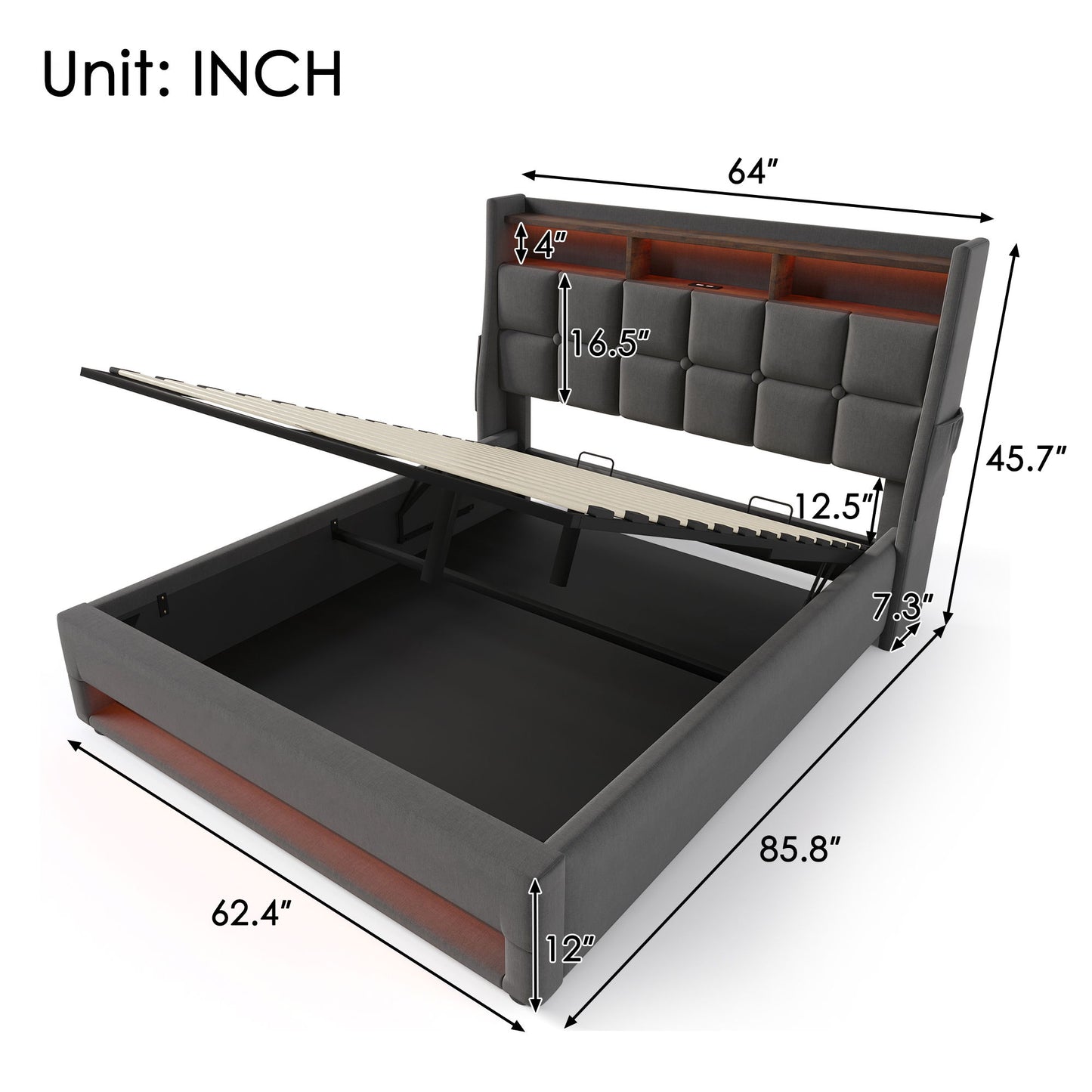 Upholstered Platform Bed With A Hydraulic Storage System, LED And USB Charging (Without Mattress) - The Sleep Loft - Online Mattress Showroom NYC