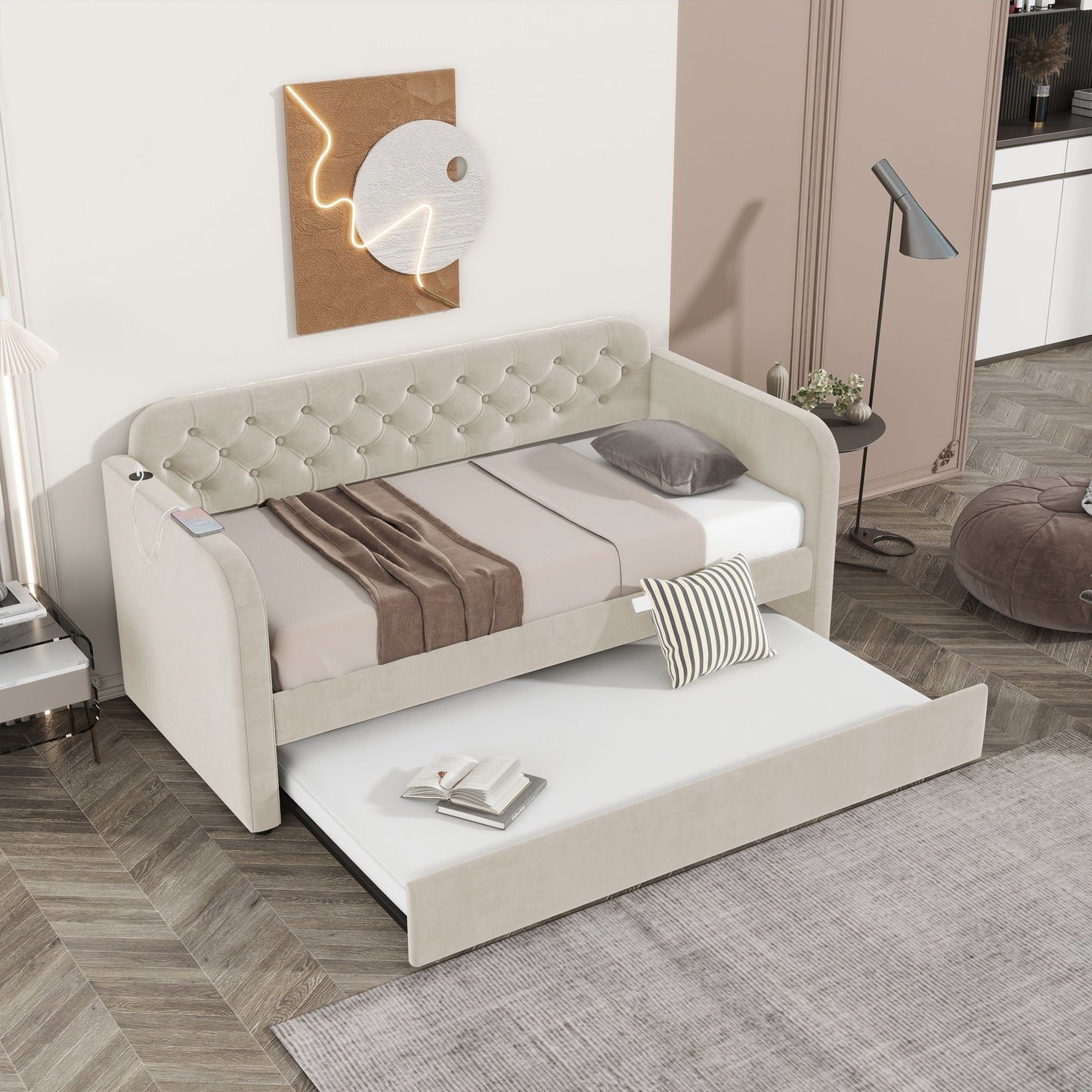Upholstered Daybed With Trundle And USB Charging Design - The Sleep Loft - Online Mattress Showroom NYC