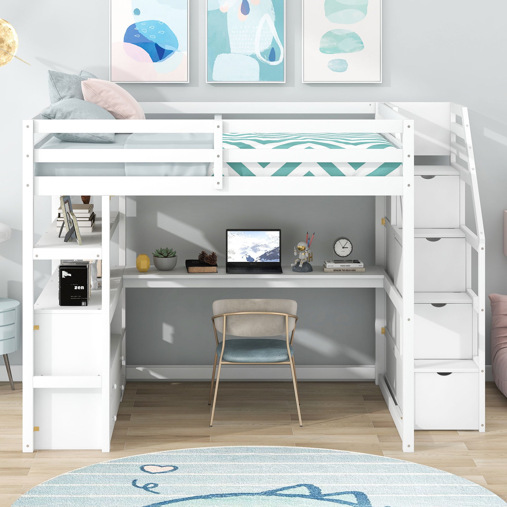 Loft Bed With Desk, Shelves, 2 Drawers, Storage Staircase - The Sleep Loft - Online Mattress Showroom NYC