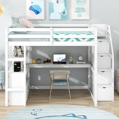 Loft Bed With Desk, Shelves, 2 Drawers, Storage Staircase - The Sleep Loft - Online Mattress Showroom NYC