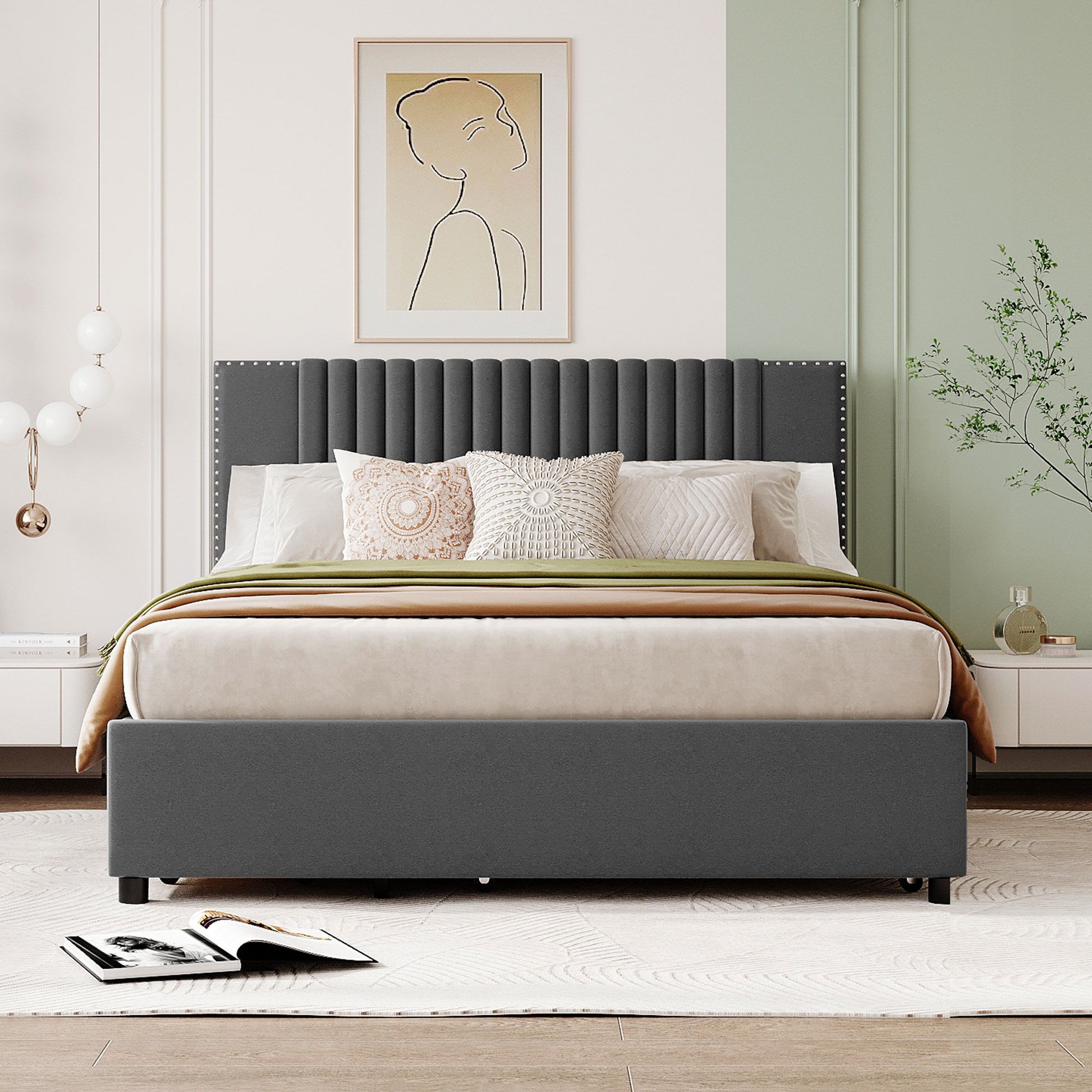 Upholstered Platform Bed With Drawers, Classic Headboard Design - The Sleep Loft - Online Mattress Showroom NYC