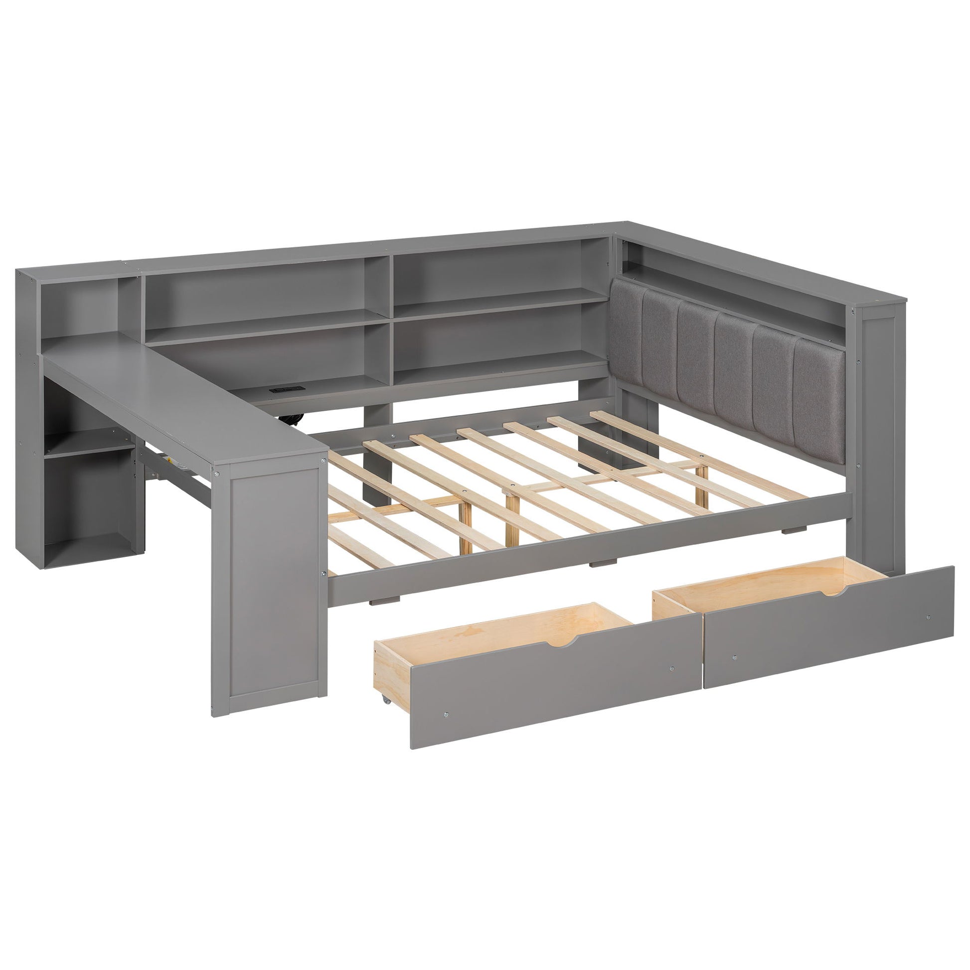 Platform Bed With Upholstered Headboard, Storage Shelves, Drawers, Charging Station, LED Lighting, Built In Desk - The Sleep Loft - Online Mattress Showroom NYC
