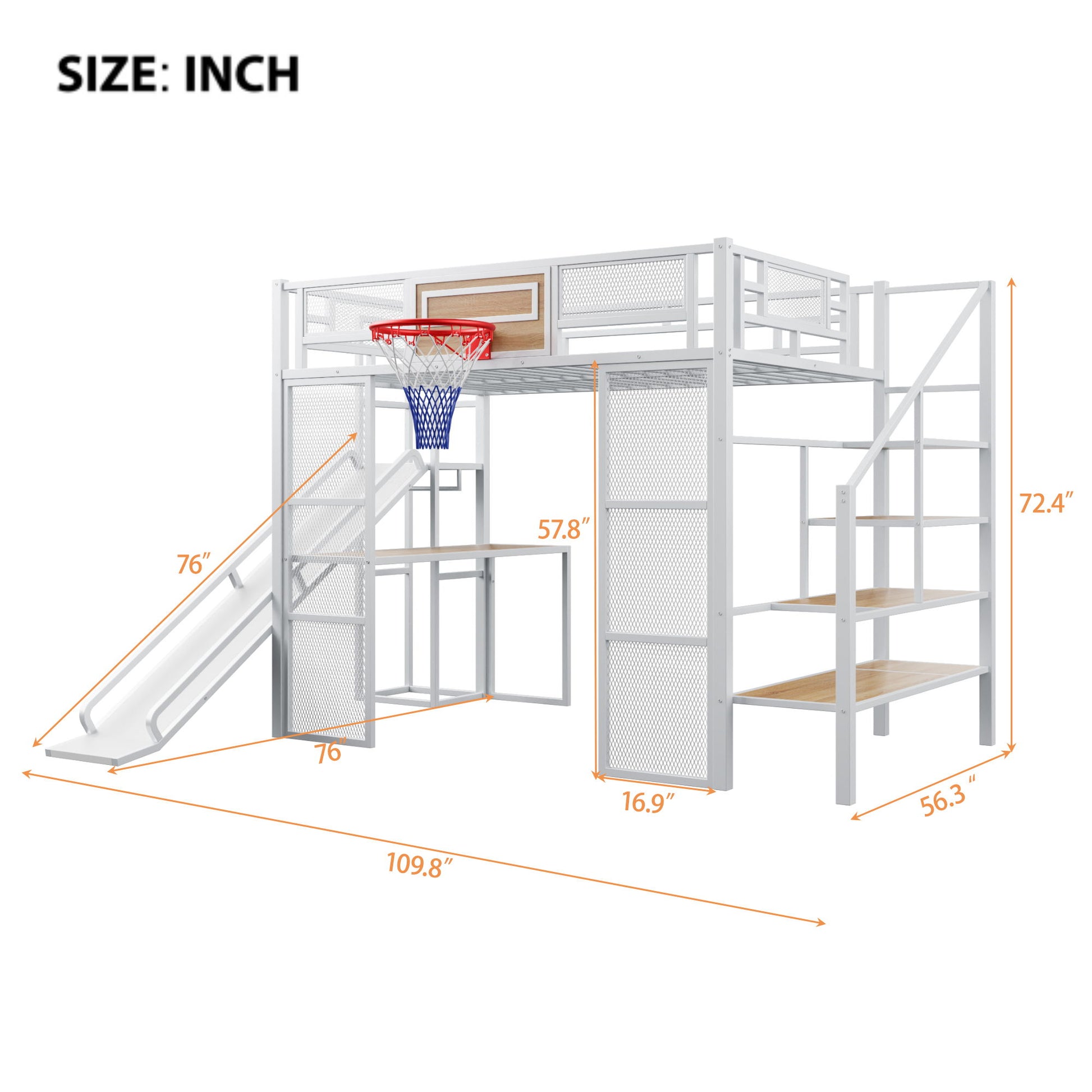 Loft Bed With Built In Desk, Open Wardrobe, Basketball Hoop, Slide And Staircase - The Sleep Loft - Online Mattress Showroom NYC