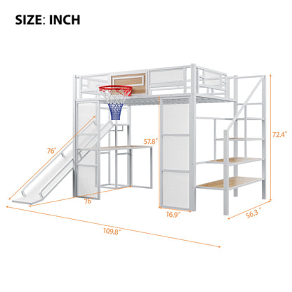 Loft Bed With Built In Desk, Open Wardrobe, Basketball Hoop, Slide And Staircase - The Sleep Loft - Online Mattress Showroom NYC