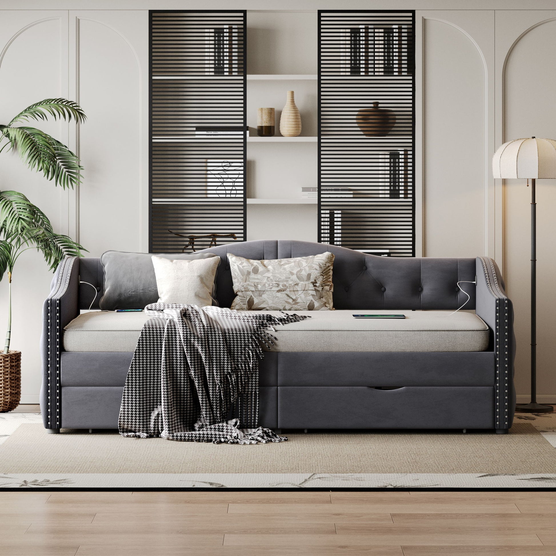 Full Size Bed Frame, Upholstered Cloud Bed Frame With Headboard, 2 Storage Drawers And 2 USB Charging Design, No Box Spring Needed - Gray - The Sleep Loft - Online Mattress Showroom NYC