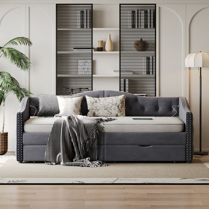 Full Size Bed Frame, Upholstered Cloud Bed Frame With Headboard, 2 Storage Drawers And 2 USB Charging Design, No Box Spring Needed - Gray - The Sleep Loft - Online Mattress Showroom NYC
