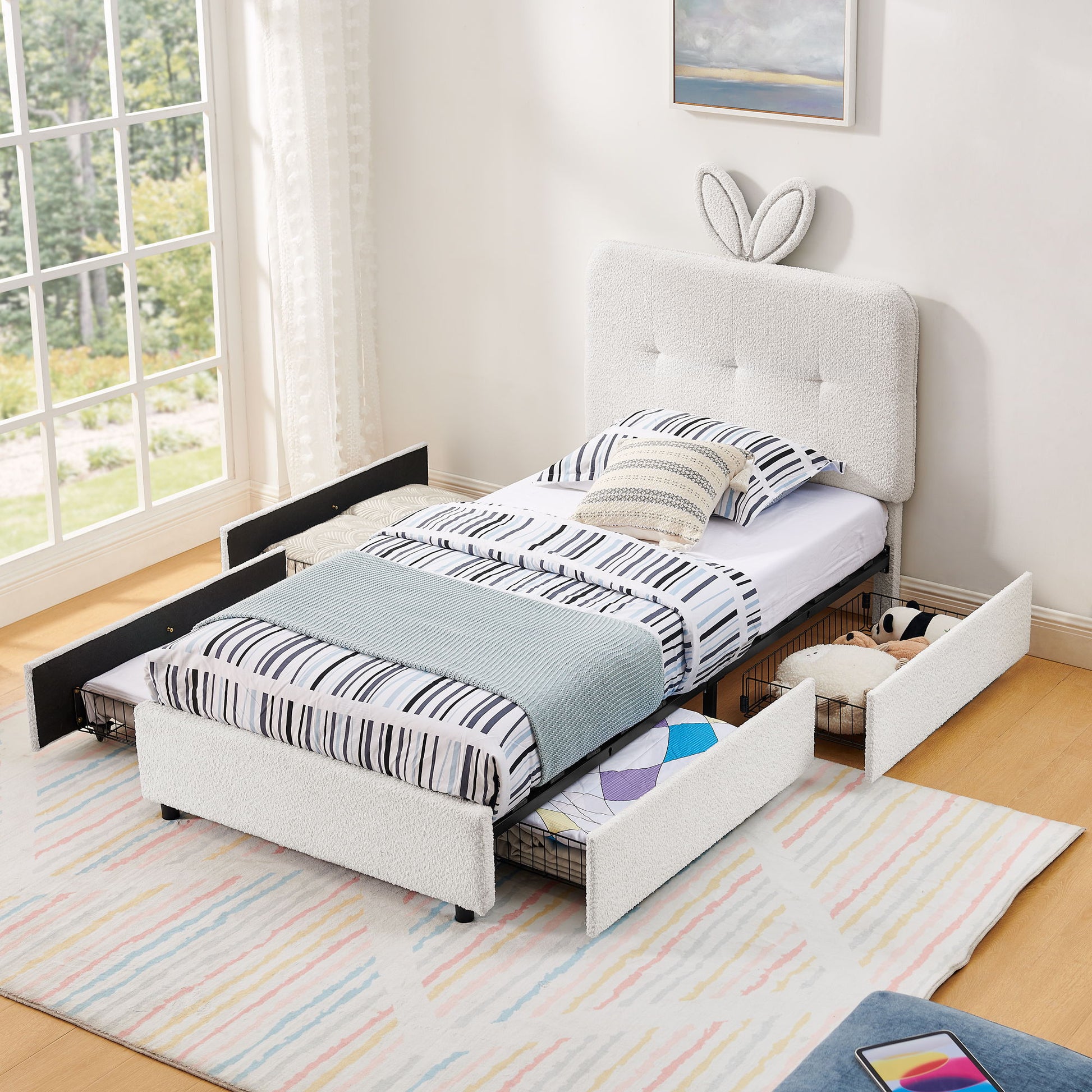 Upholstered Bed With Oversized Rabbit Ear Headboard, LED Lights & 4 Storage Drawers - The Sleep Loft - Online Mattress Showroom NYC
