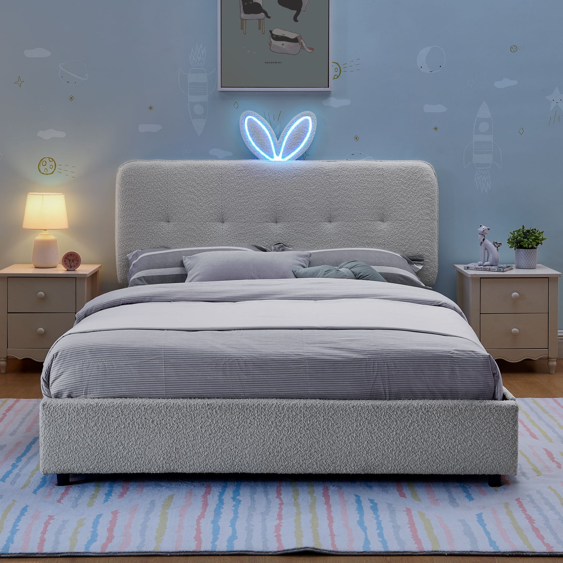 Upholstered Bed With Oversized Rabbit Ear Headboard, LED Lights & 4 Storage Drawers - The Sleep Loft - Online Mattress Showroom NYC