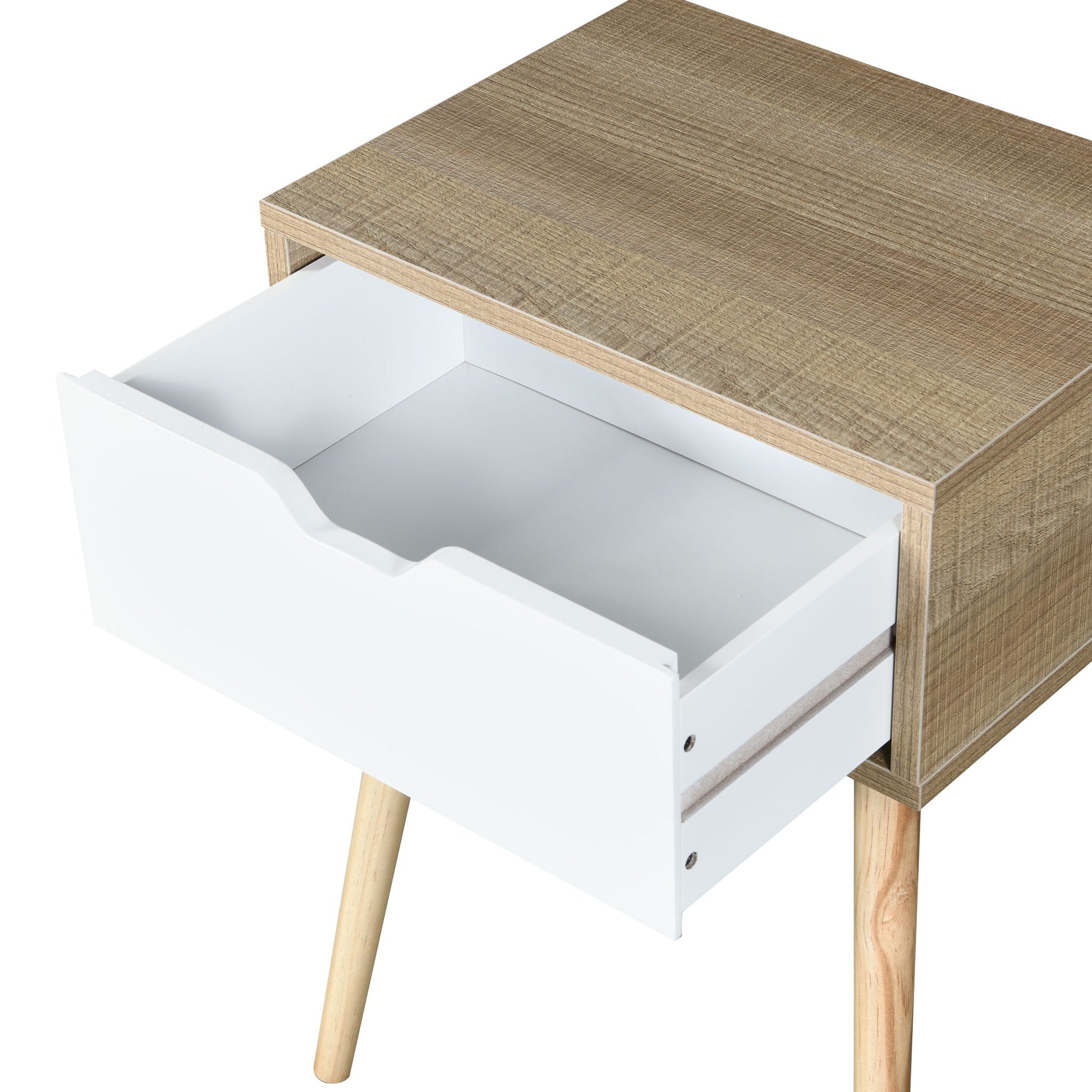 Side Table With 1 Drawer, Mid-Century Modern Storage Cabinet For Bedroom - White / Wood - The Sleep Loft - Online Mattress Showroom NYC