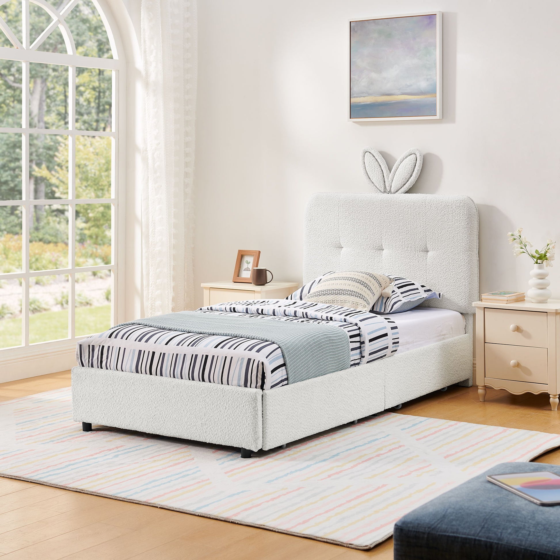 Upholstered Bed With Oversized Rabbit Ear Headboard, LED Lights & 4 Storage Drawers - The Sleep Loft - Online Mattress Showroom NYC