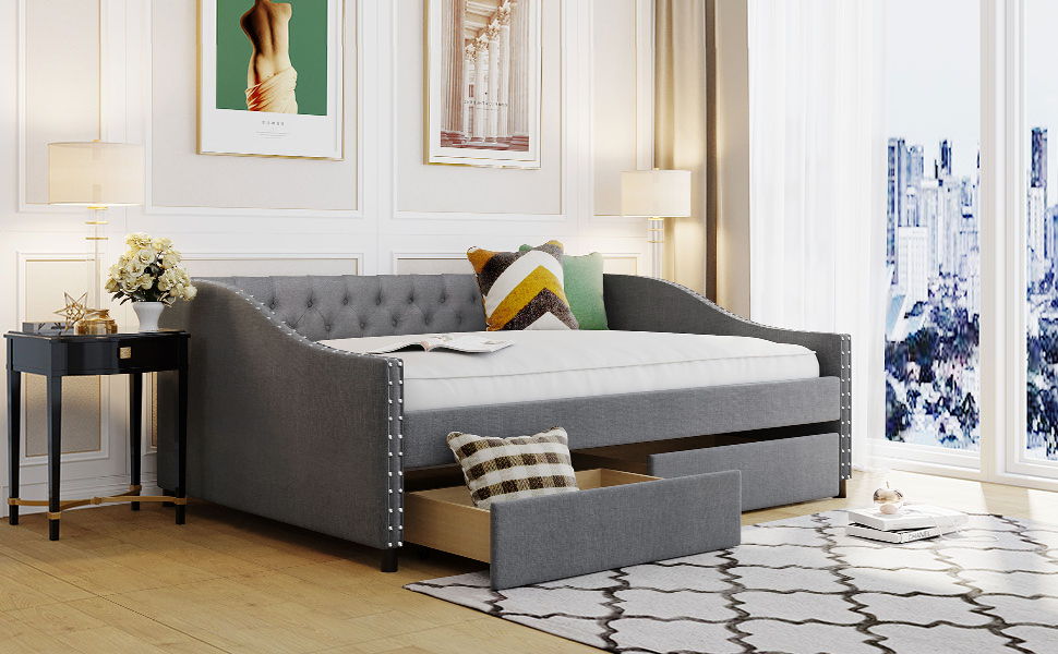 Upholstered Daybed With Two Drawers, Wood Slat Support - The Sleep Loft - Online Mattress Showroom NYC