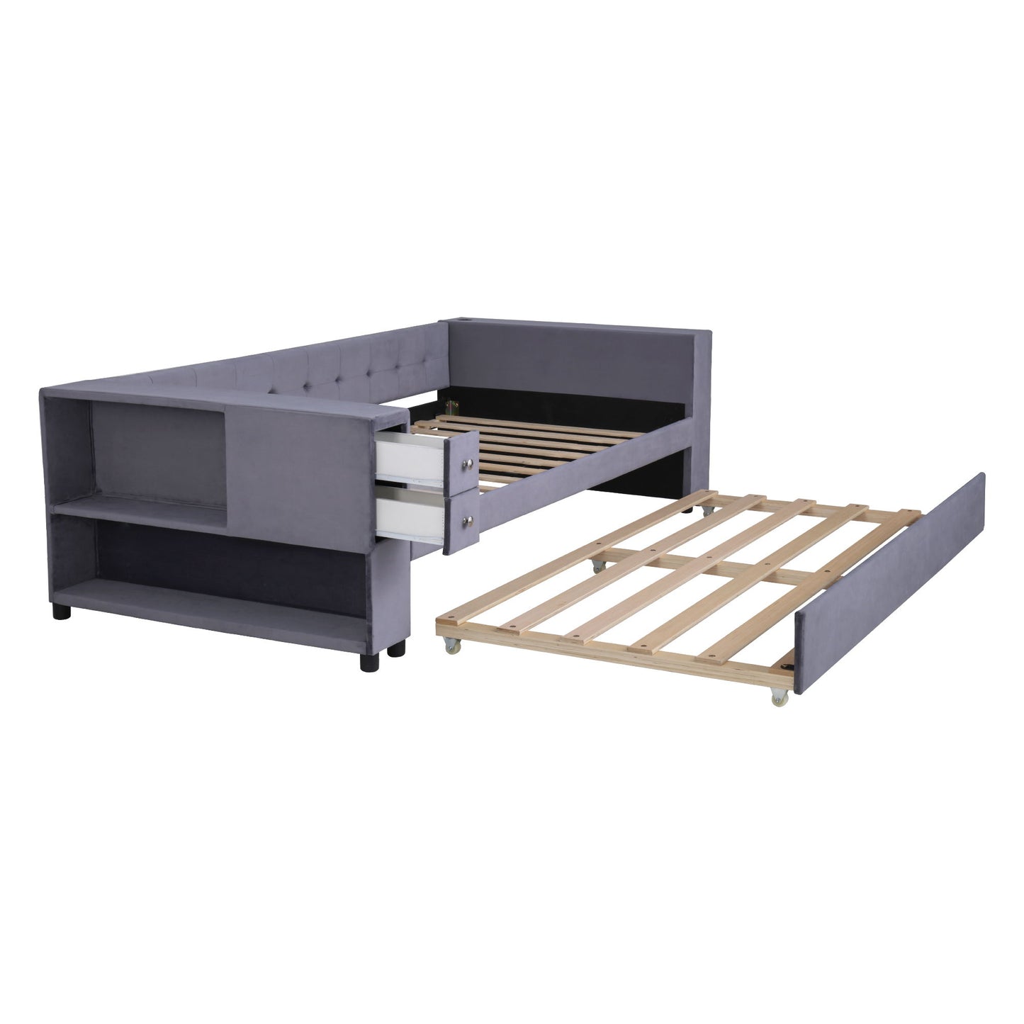Upholstered Bed With Storage And Twin Trundle, USB Charging Ports - The Sleep Loft - Online Mattress Showroom NYC