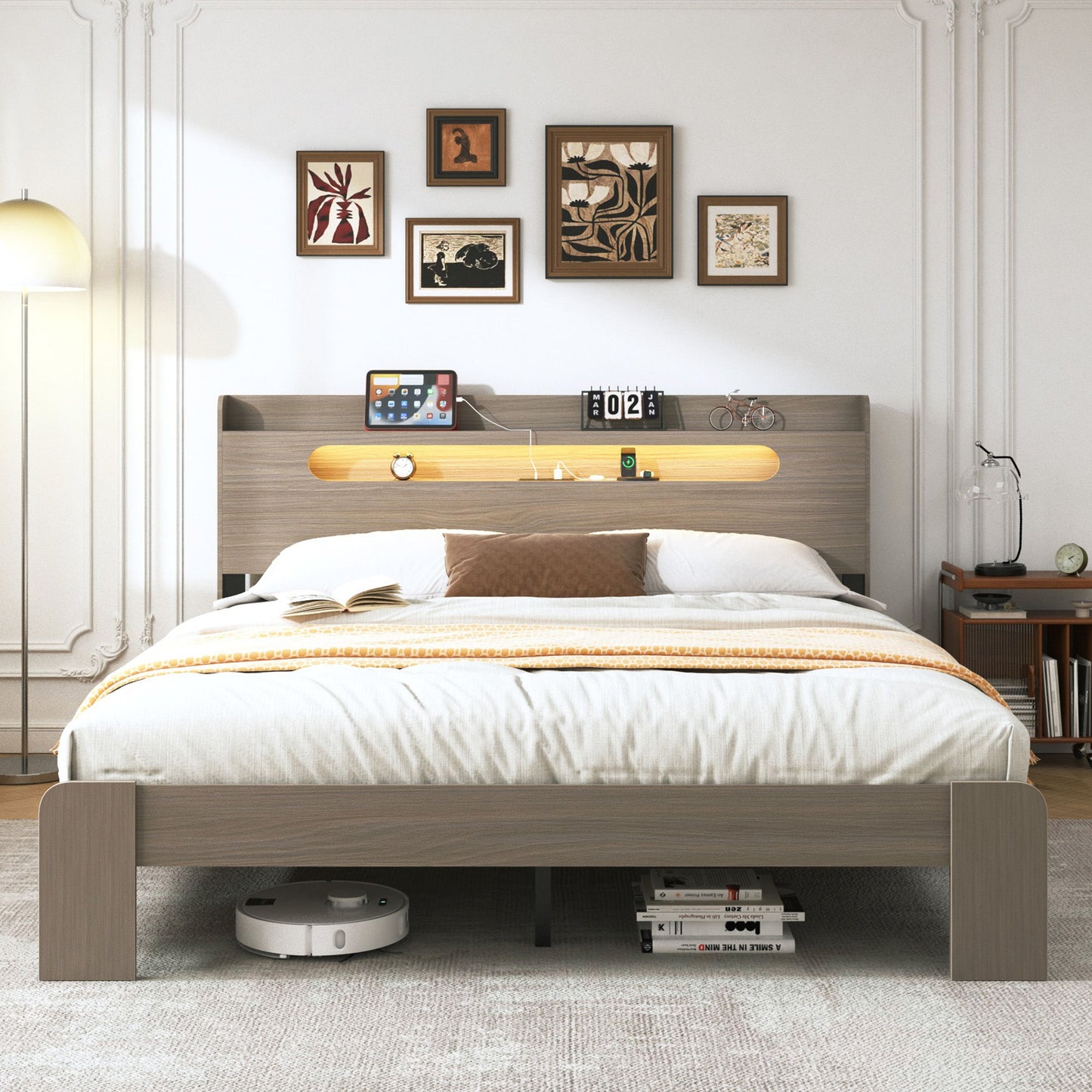 King Size Platform Bed Frame With Storage LED Light Headboard And Usb, Noise Free - Dark Gray - The Sleep Loft - Online Mattress Showroom NYC