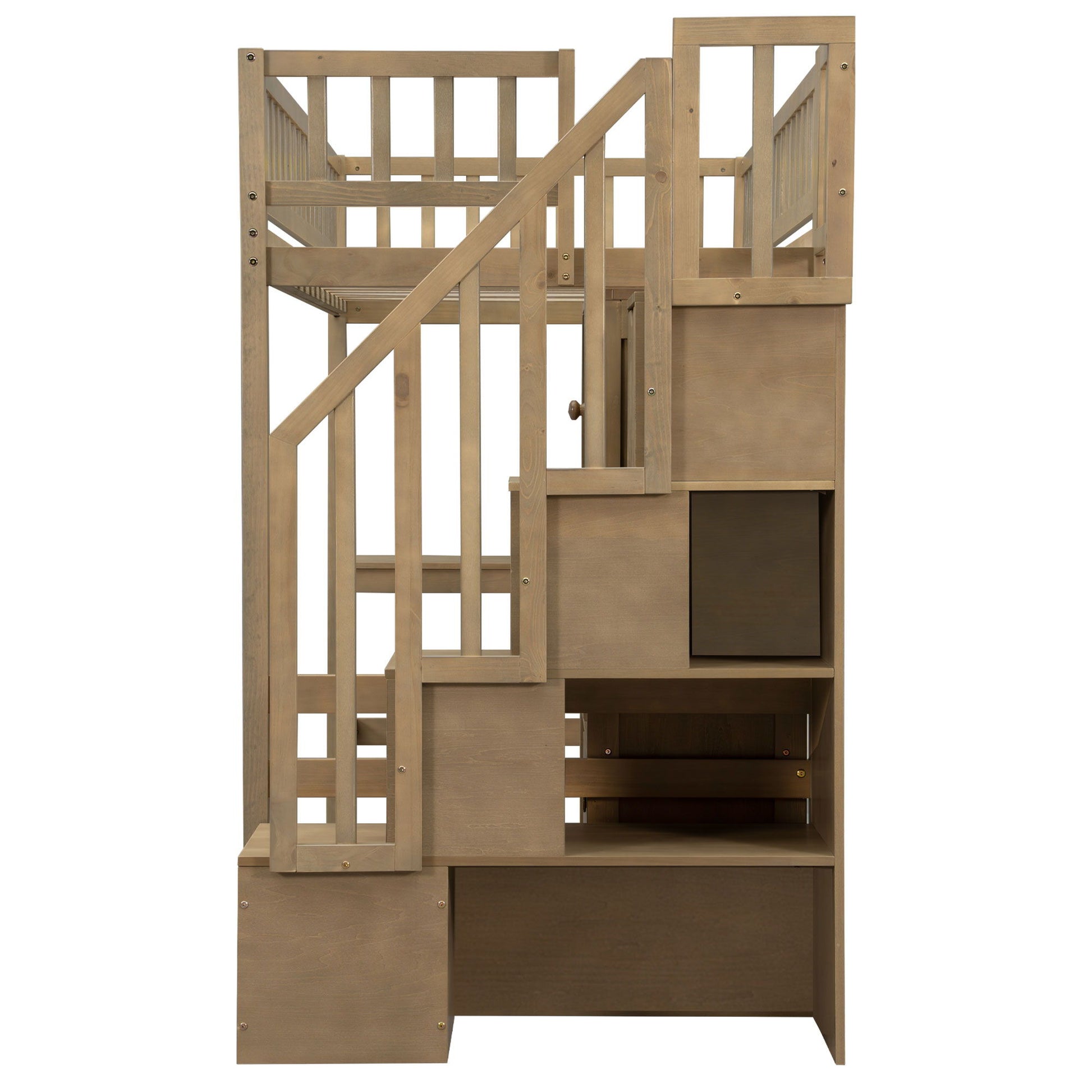 Loft Bed With Built In L Shaped Desk, LED Lights, Storage Shelves, Cabinets, And Staircase - The Sleep Loft - Online Mattress Showroom NYC