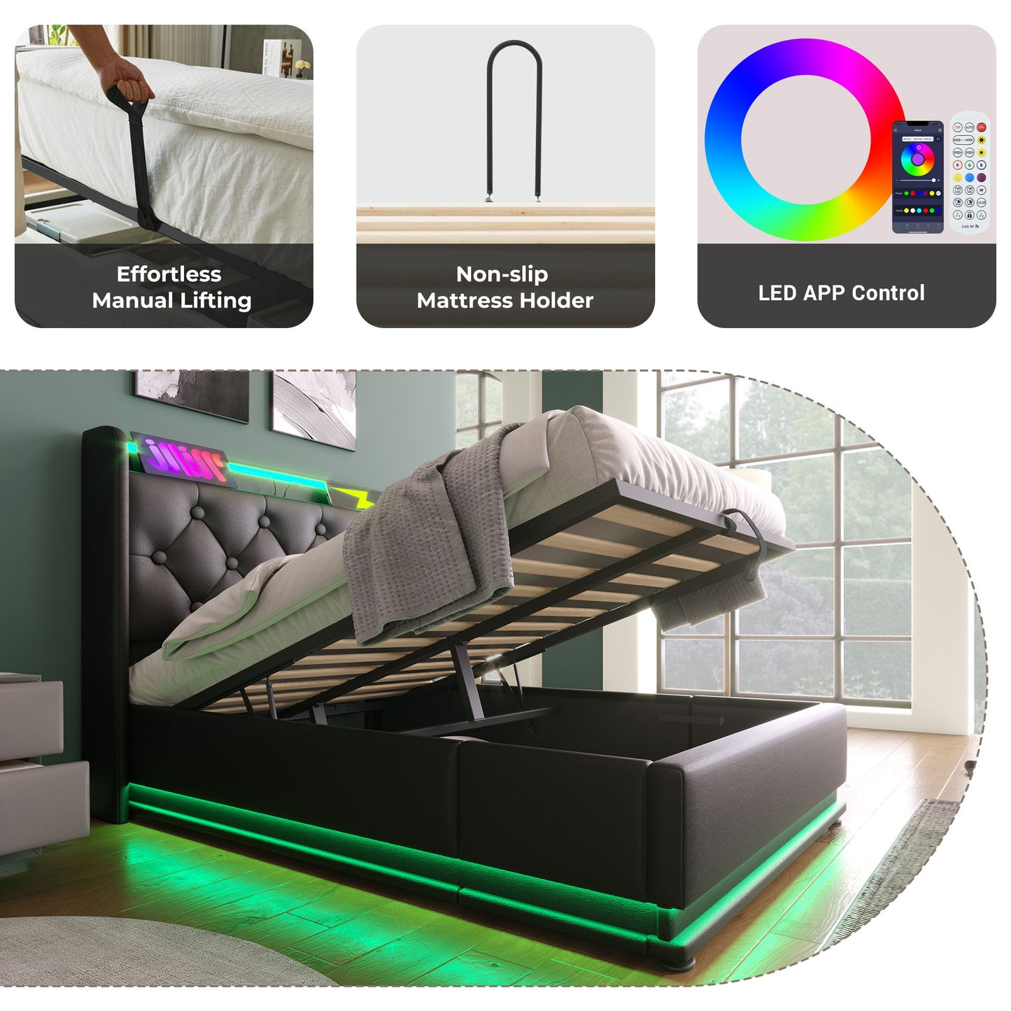 Upholstered Bed, 360 Surround LED Function, Remote Control, Hydraulic Storage Bed With USB, Type-C Charging (Without Mattress) - The Sleep Loft - Online Mattress Showroom NYC