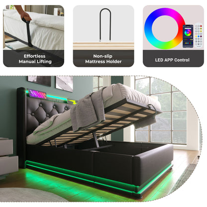 Upholstered Bed, 360 Surround LED Function, Remote Control, Hydraulic Storage Bed With USB, Type-C Charging (Without Mattress) - The Sleep Loft - Online Mattress Showroom NYC