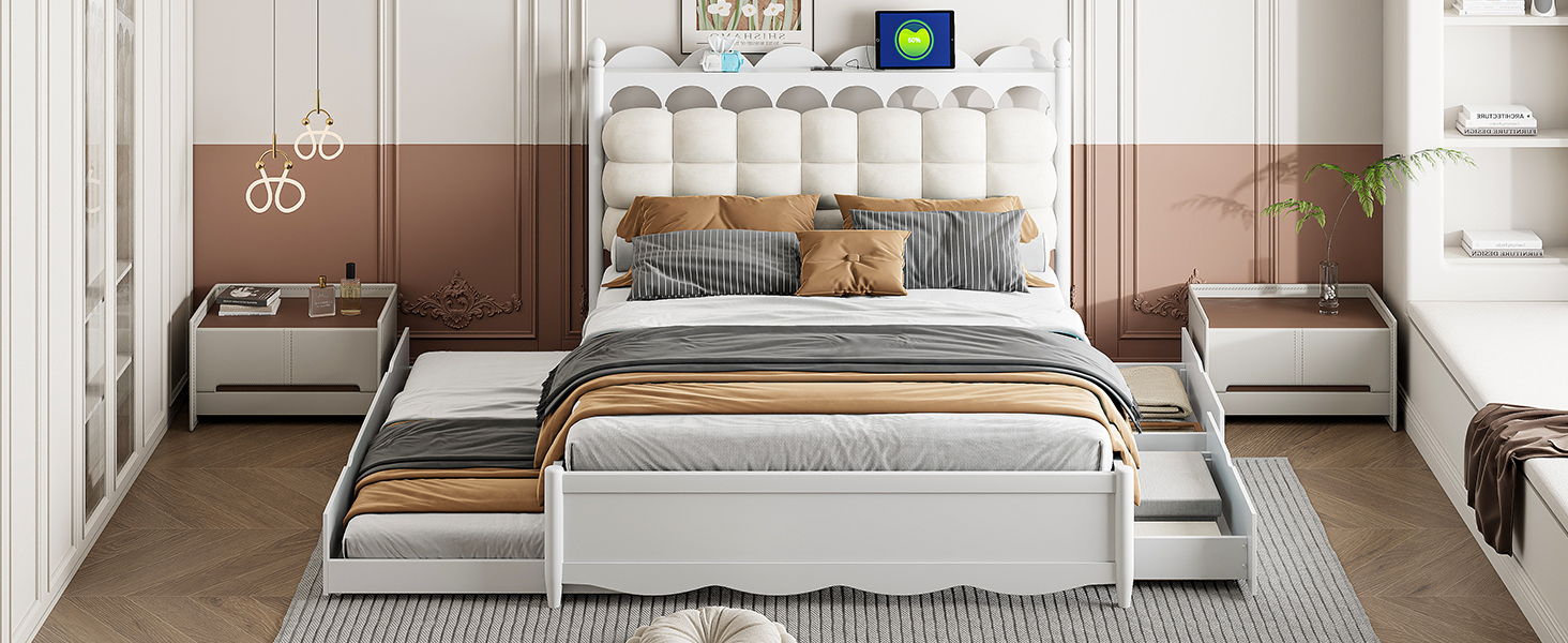 Storage Platform Bed, With 2 Big Drawers, Trundle, One Set Of Sockets & USB Ports - The Sleep Loft - Online Mattress Showroom NYC