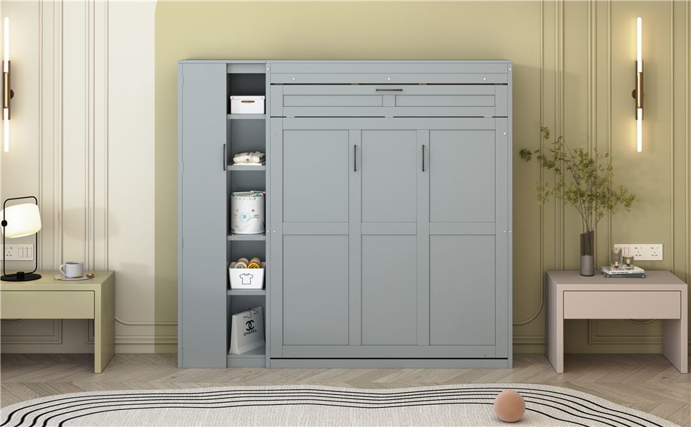 Murphy Wall Bed With Shelves, Wardrobe And LED Lights - The Sleep Loft - Online Mattress Showroom NYC