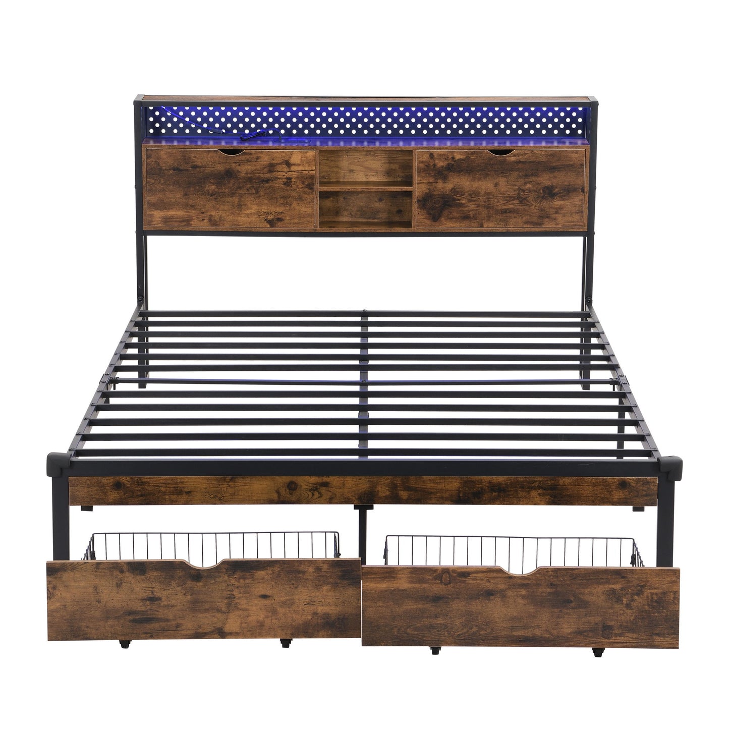 Modern Metal Platform Bed Frame With Wooden Headboard, USB Charging Station, Storage Drawers - The Sleep Loft - Online Mattress Showroom NYC