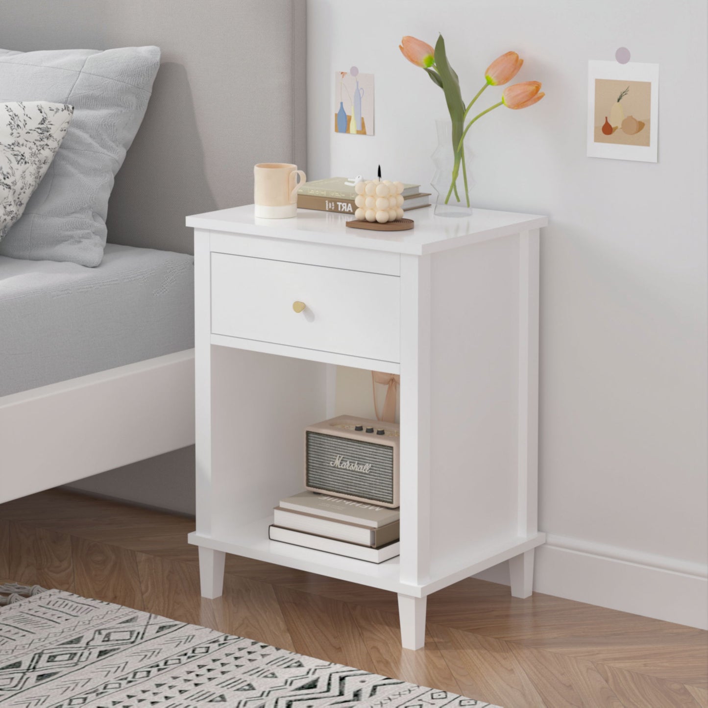 Nightstand & 1 Drawer And 1 Shelf - White - The Sleep Loft - Online Mattress Showroom NYC