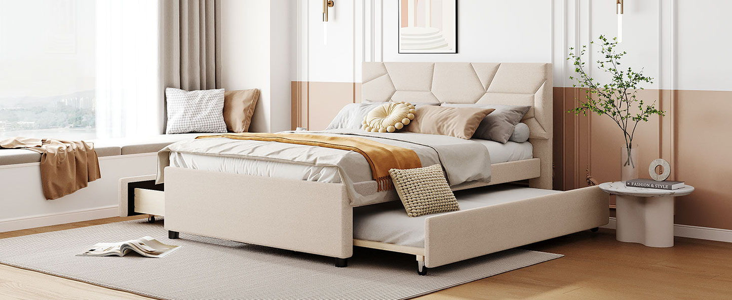 Upholstered Platform Bed With Brick Pattern Headboard And Twin Long Size Trundle - The Sleep Loft - Online Mattress Showroom NYC