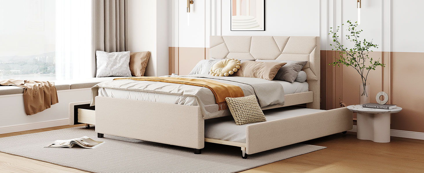 Upholstered Platform Bed With Brick Pattern Headboard And Twin Long Size Trundle - The Sleep Loft - Online Mattress Showroom NYC