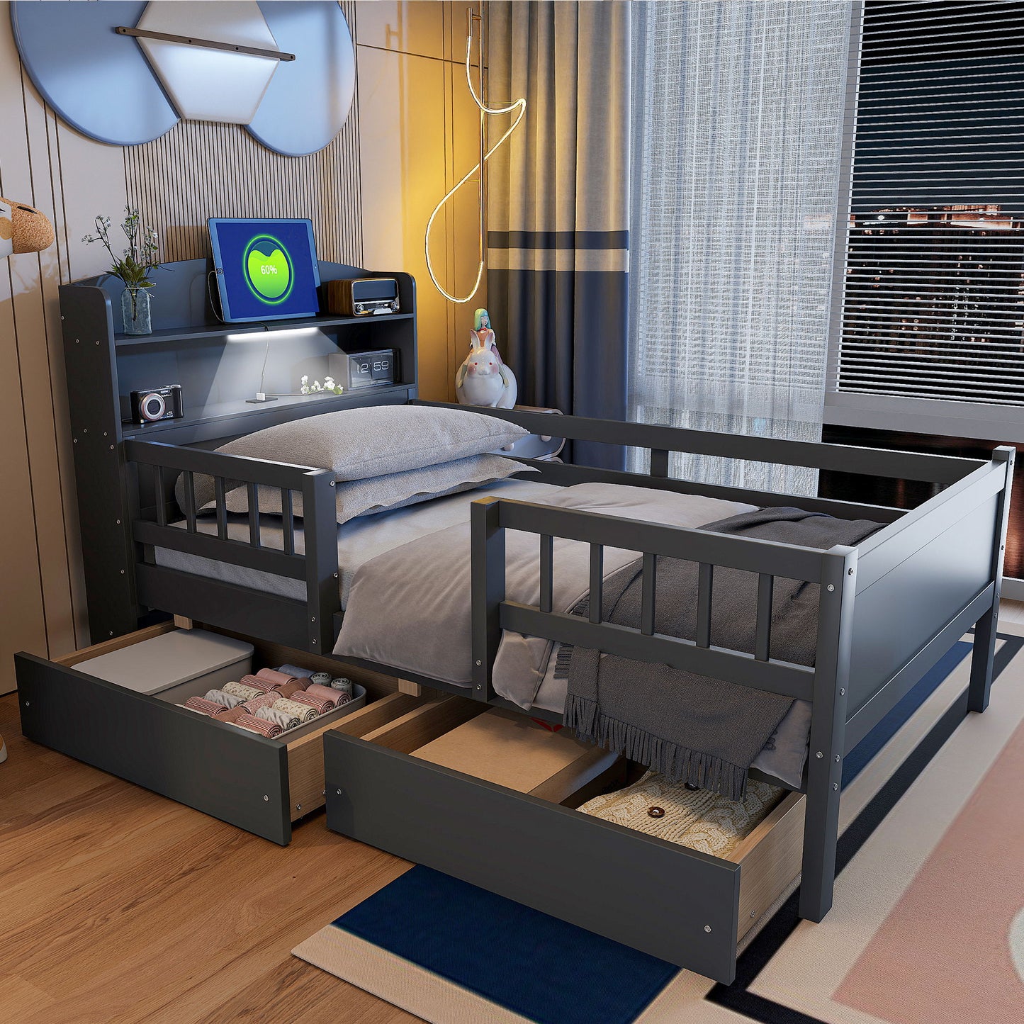 Platform Bed With LED Light, Multi Functional Headboard, Guardrail And 2 Drawers - The Sleep Loft - Online Mattress Showroom NYC