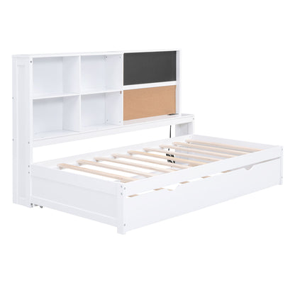Twin Size Daybed With Storage Shelvesboard, Cork Board, USB Ports And Trundle - White - The Sleep Loft - Online Mattress Showroom NYC