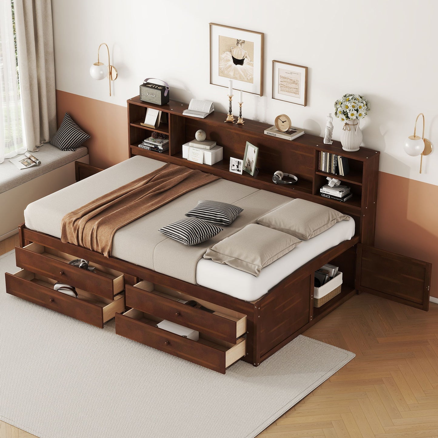 Full Size Captain Bed With Built In Storage Shelves, 4 Drawers And 2 Cabinets - Antique Brown - The Sleep Loft - Online Mattress Showroom NYC