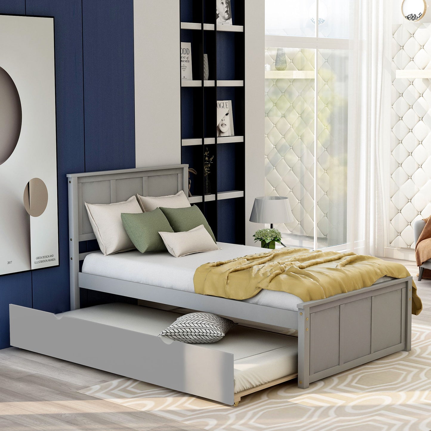 Platform Bed With Twin Trundle And Frame, Twin Size - Gray - The Sleep Loft - Online Mattress Showroom NYC