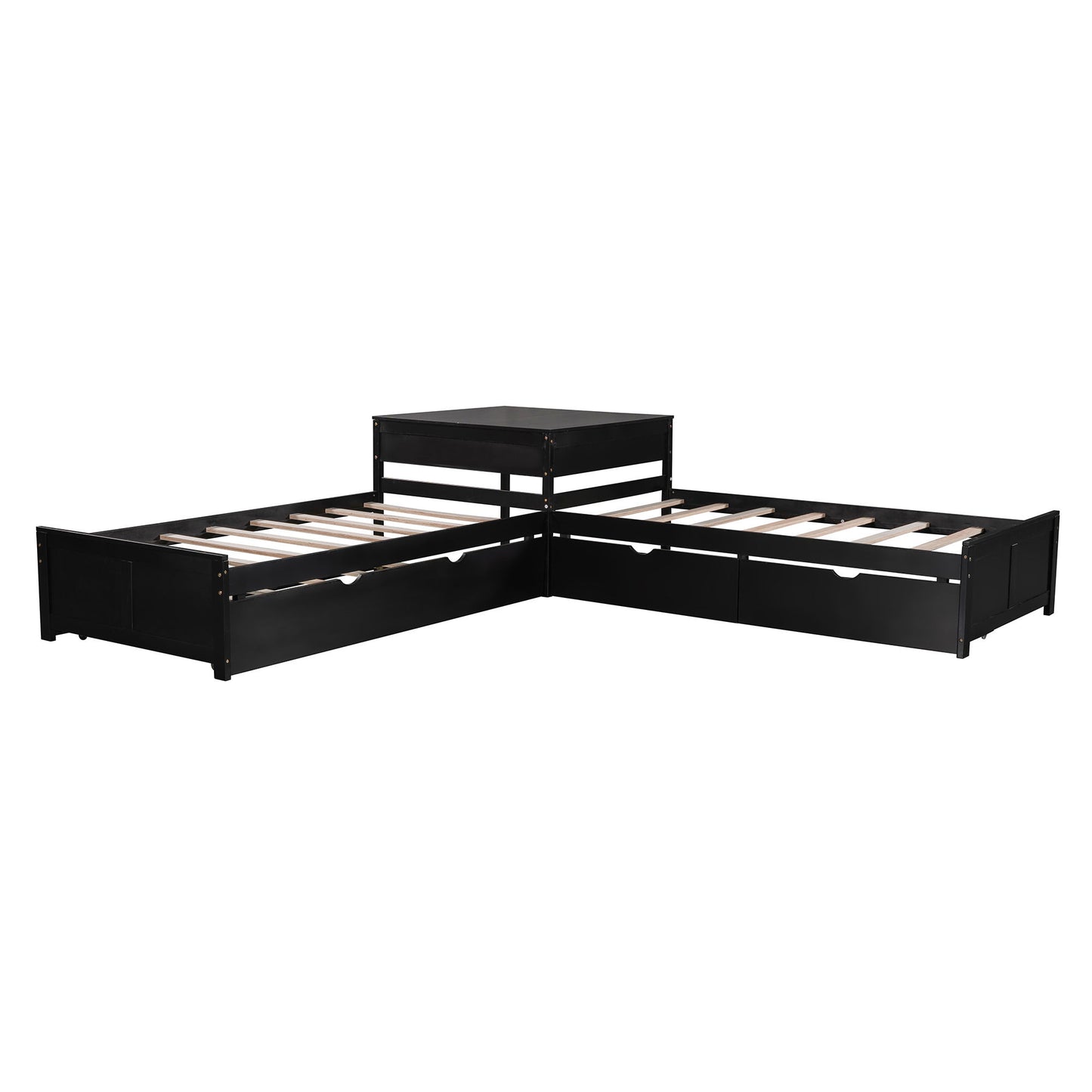 L Shaped Platform Bed With Trundle And Drawers Linked With Built In Desk - The Sleep Loft - Online Mattress Showroom NYC