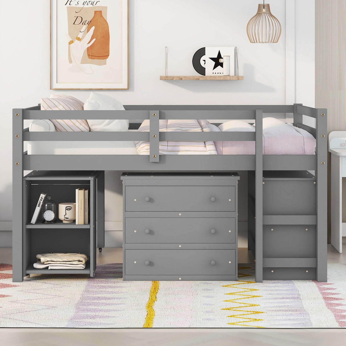 Loft Low Study Bed With Cabinet, Shelves And Rolling Portable Desk, Multiple Functions - The Sleep Loft - Online Mattress Showroom NYC