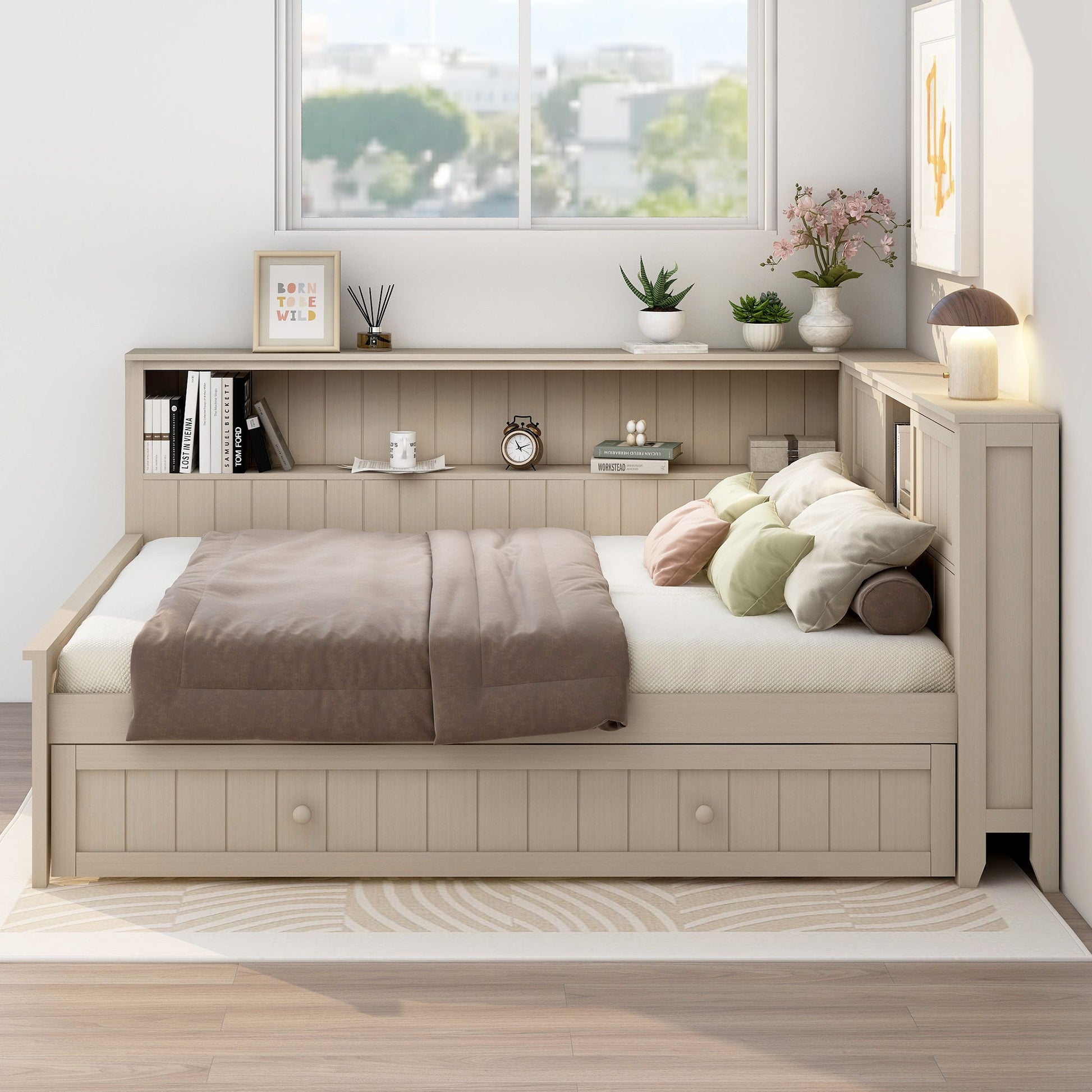 Full Size Daybed With Storage Shelves And Trundle - Ancient White - The Sleep Loft - Online Mattress Showroom NYC