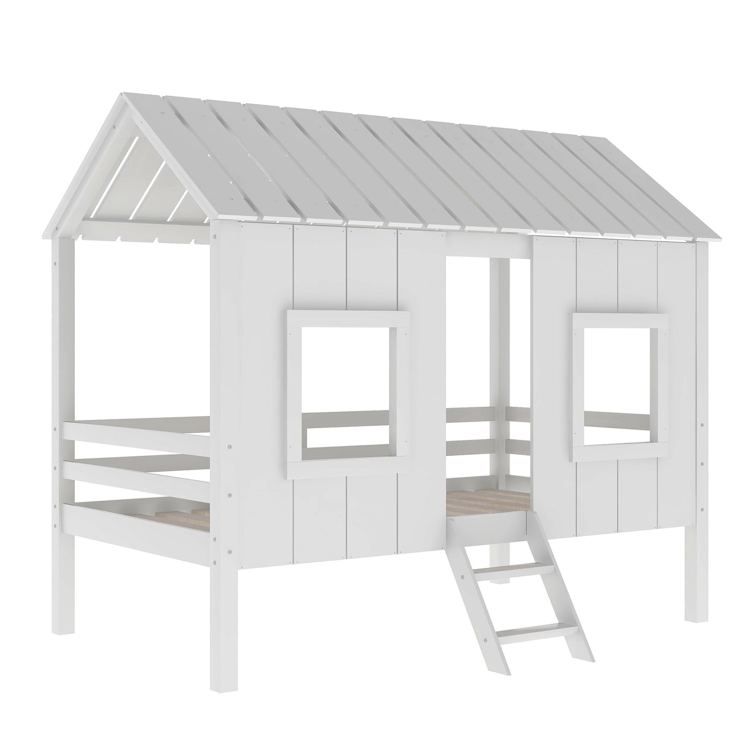 Twin Size Low Loft House Bed With Roof And 2 Front Windows - White - The Sleep Loft - Online Mattress Showroom NYC
