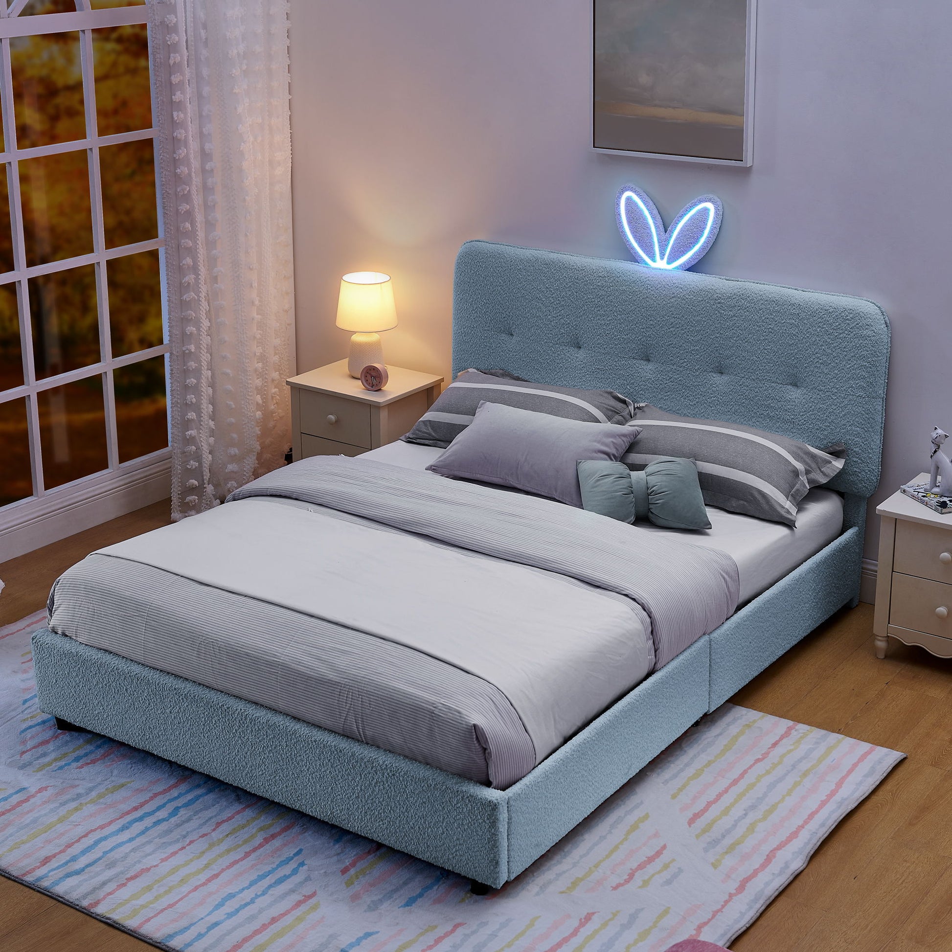 Upholstered Bed With Oversized Rabbit Ear Headboard, LED Lights & 4 Storage Drawers - The Sleep Loft - Online Mattress Showroom NYC