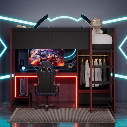 Gaming Loft Bed With Built In Desk, Wardrobe, LED Lighting And Drawer - The Sleep Loft - Online Mattress Showroom NYC