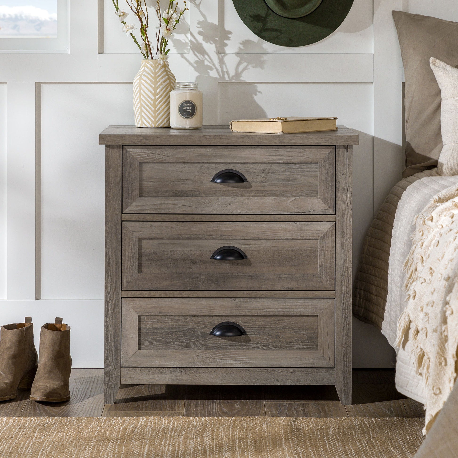Transitional Farmhouse Framed 3 Drawer Nighstand With Cup Handles - The Sleep Loft - Online Mattress Showroom NYC