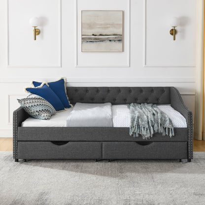 Upholstered Tufted Daybed With Drawers, Waved Arms - The Sleep Loft - Online Mattress Showroom NYC