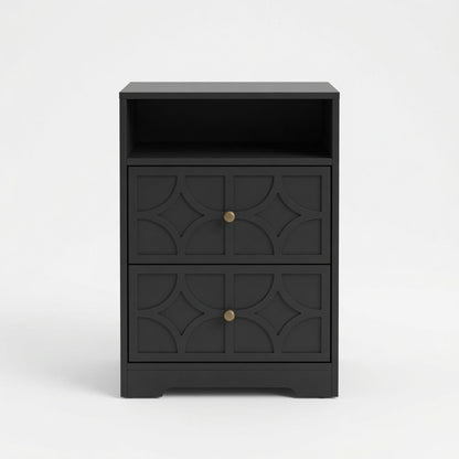 Nightstand With Diamond Carvings Handles, 2 Drawers & Charging Station