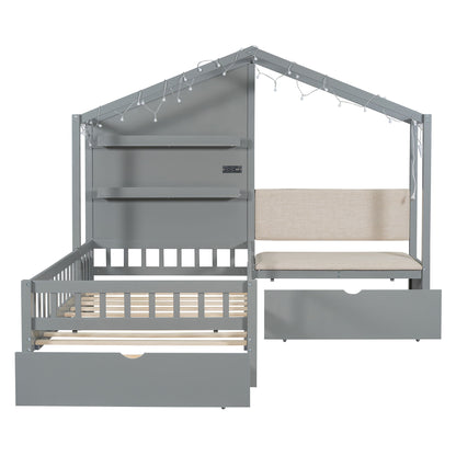 House Bed With Upholstered Sofa, Wireless Charging Station, Shelves And 2 Drawers - The Sleep Loft - Online Mattress Showroom NYC